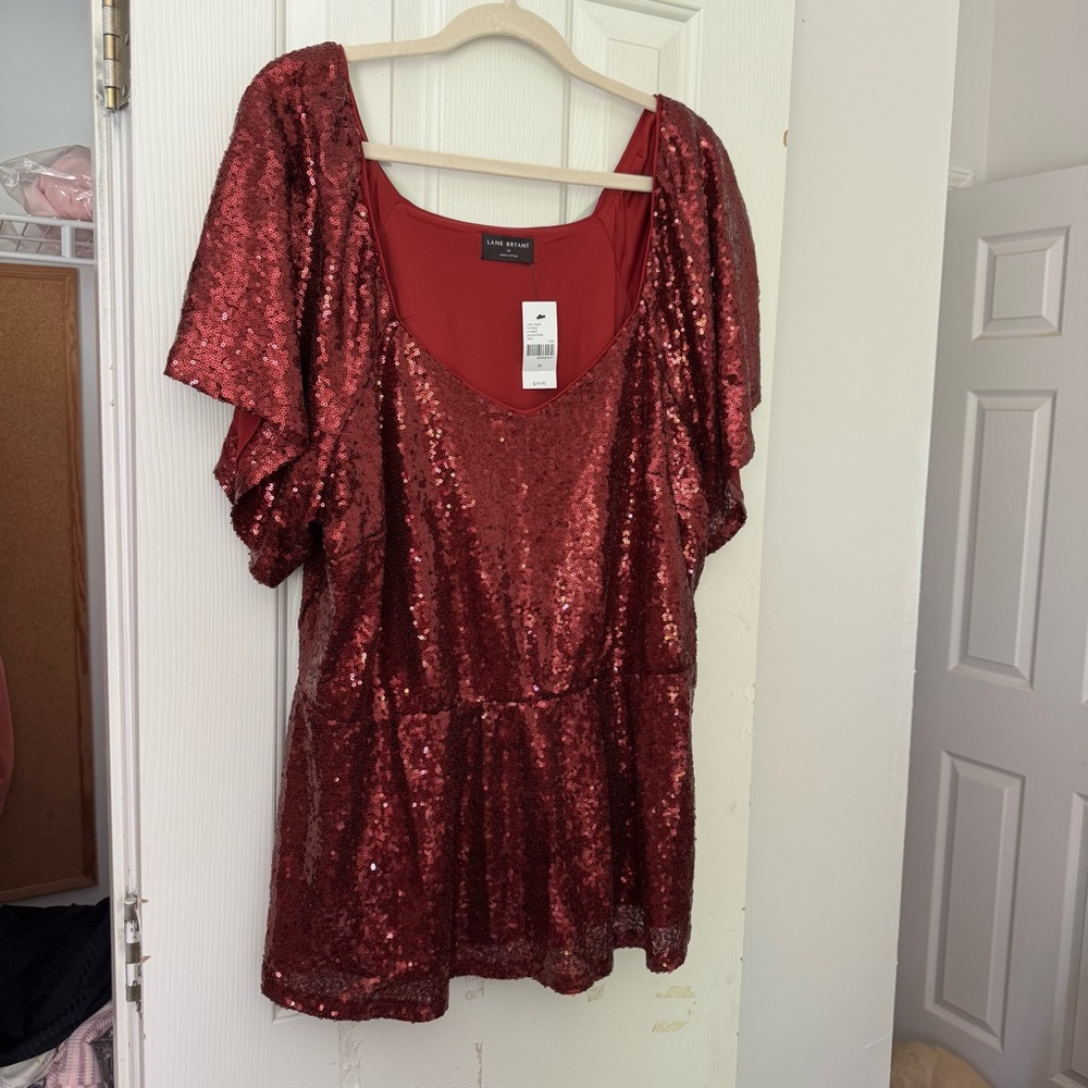 Lane Bryant Red Sequin Flutter Sleeve Blouse Never Worn